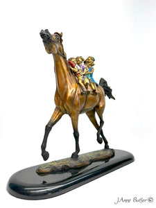 "All Aboard" bronze sculpture of horse, children and puppy.