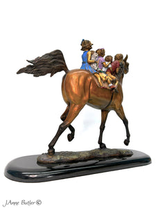 "All Aboard" bronze sculpture of horse, children and puppy.