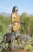 Cargar imagen en el visor de la galería, Native American Bronze Sculpture of girl and two wolves
