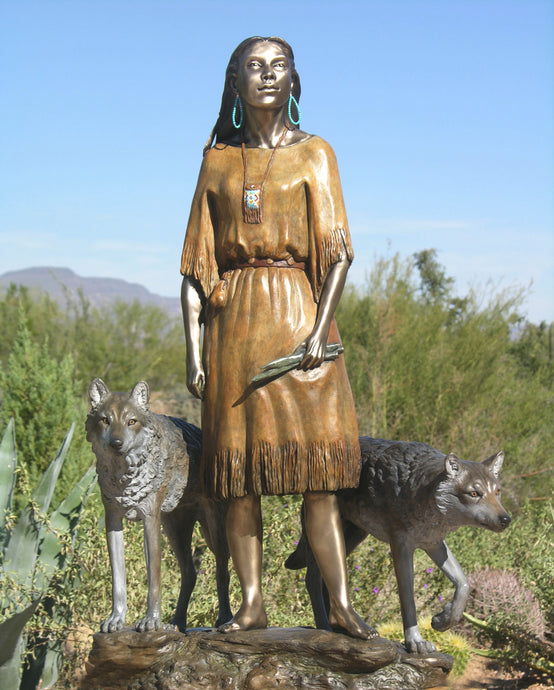 Native American Bronze Sculpture of girl and two wolves